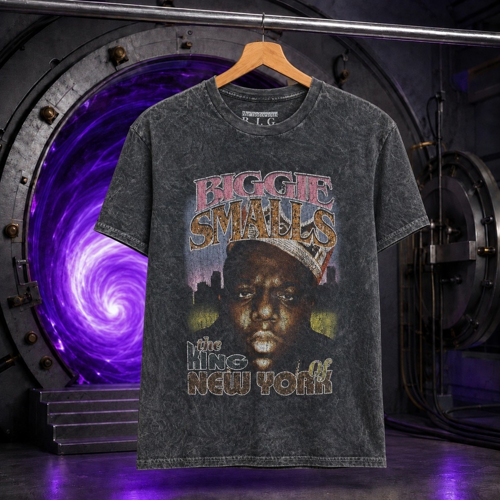 The Notorious BIG Biggie Smalls King of New York Acid Wash Graphic Tee Gray MD